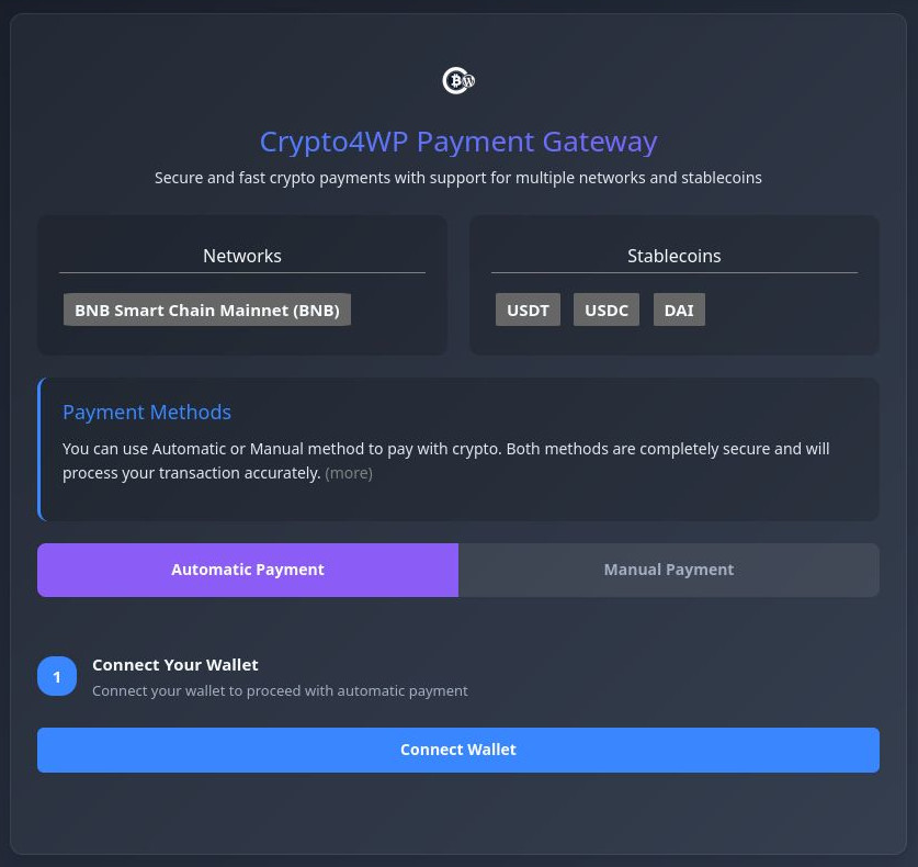 Checkout page showing stablecoin payment option with Automatic and Manual methods