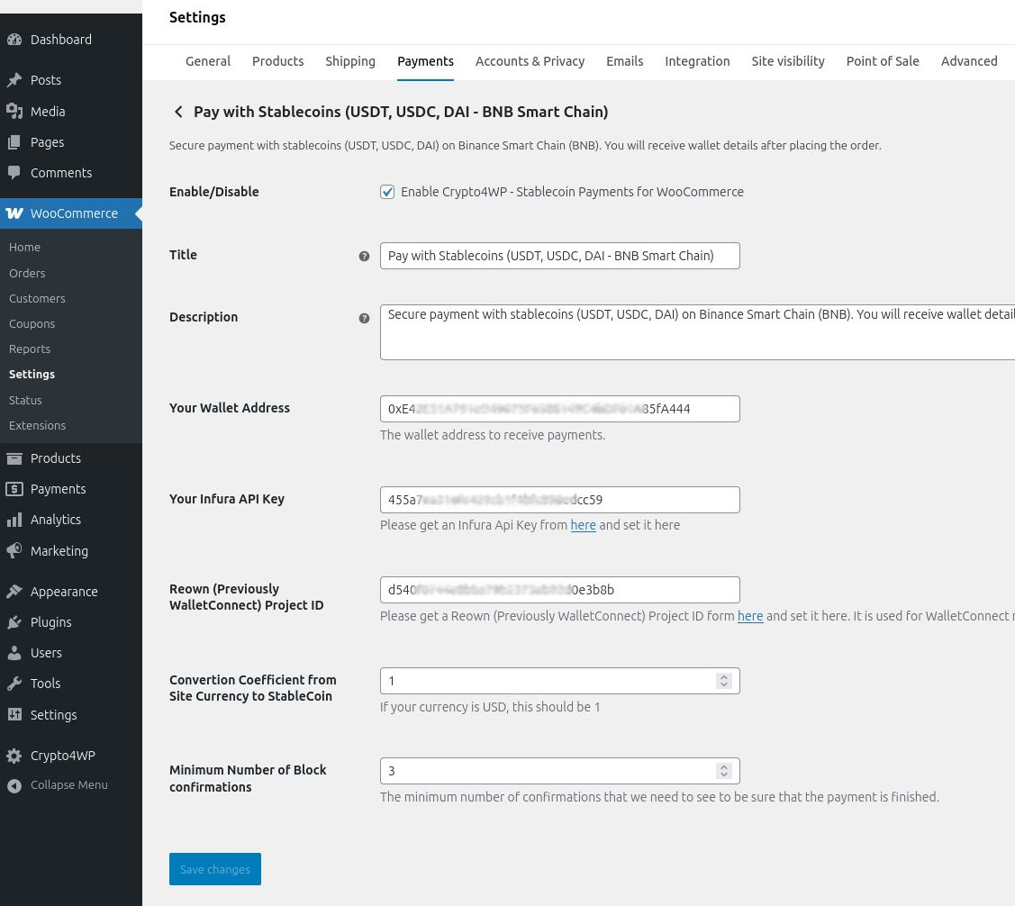 WooCommerce settings page with wallet address, Infura, and WalletConnect fields