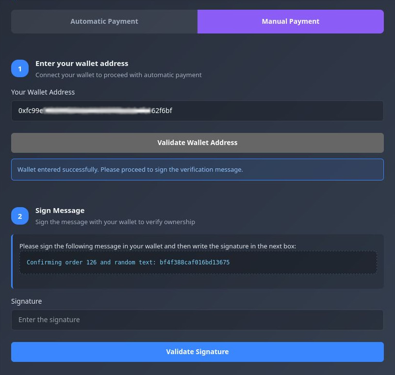 Manual payment flow (customer enters transaction hash)